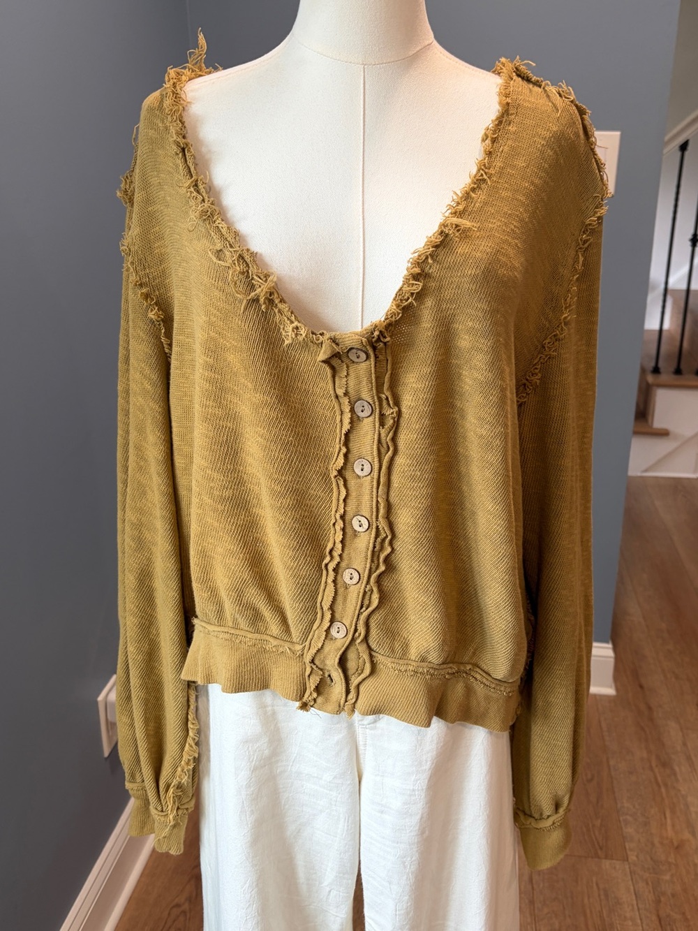 Free People We The Free Distressed Button Front Cardigan Sweater Olive Brown M